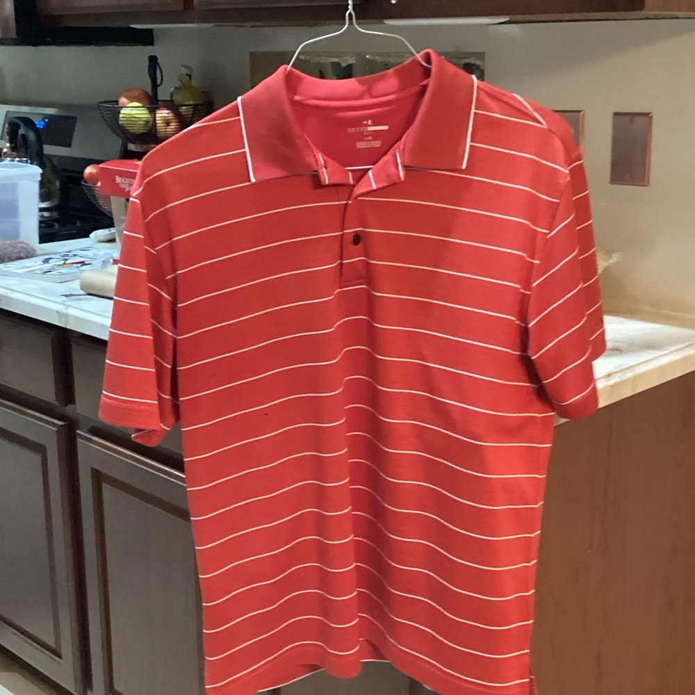 Men’s size Large Grand Slam Burnt Orange w/Whites Stripes Golf Polo
